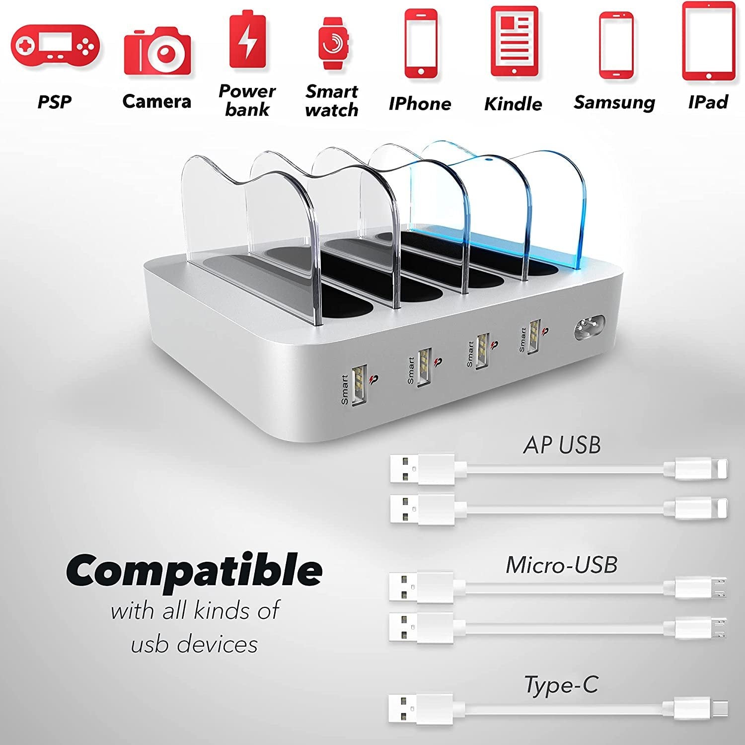 Poweroni Fast Charge USB Charging Station for Multiple Devices - Silver 4-Port - Includes 5 Cables - Fits Phones/Tablets - 6.1 x 4.9 x 1.1 inches