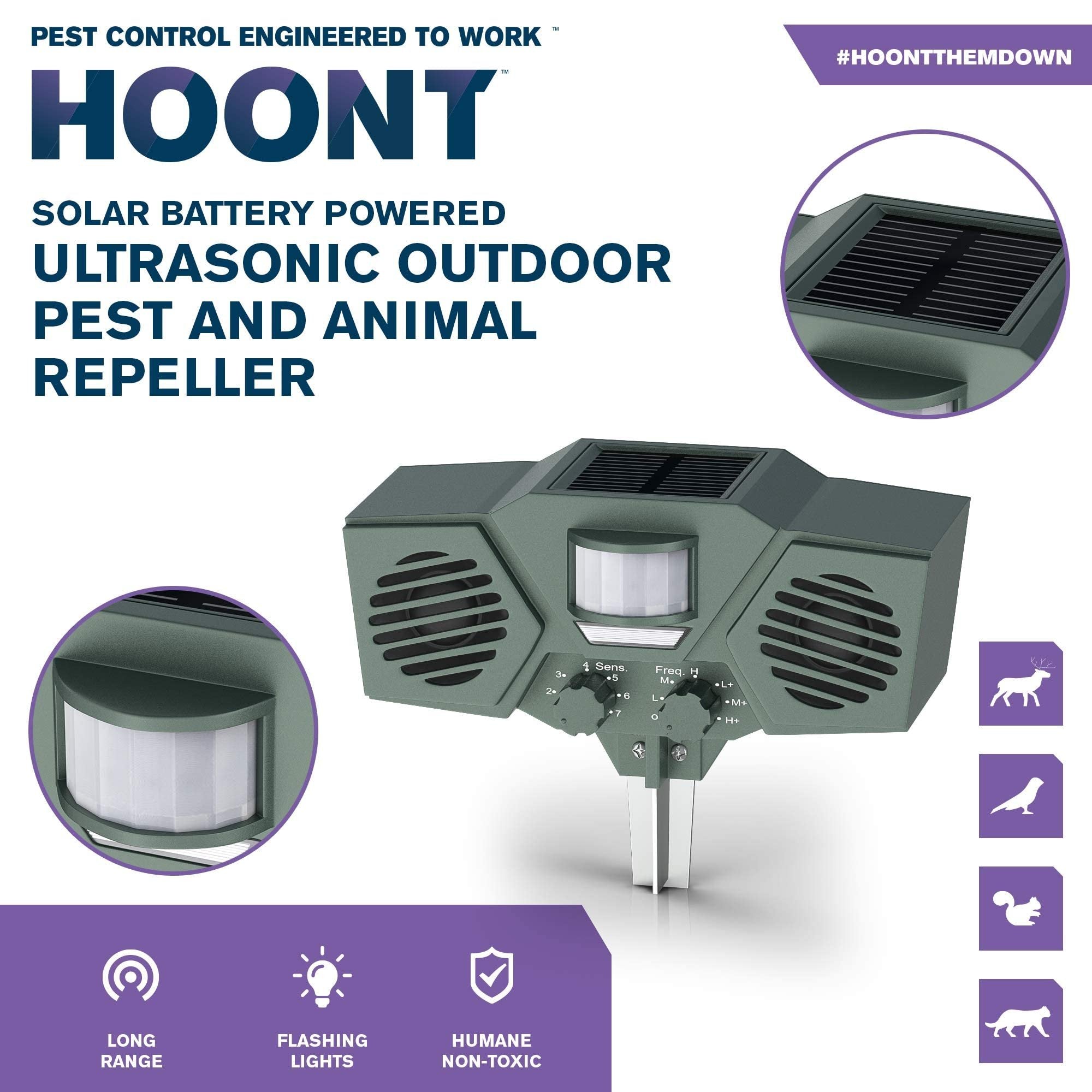 Hoont Green Solar Ultrasonic Animal & Pest Repeller - Motion Activated, Flashing Strobe (1 Count)
